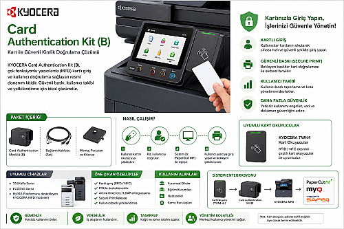 KYOCERA Card Authentication Kit (B), KYOCERA/utax/ta/olivetti gibi çok fonksiyonlu yazıcılarda (MFD) kart ile kullanıcı doğrulama sağlayan resmi donanım kitidir. - 1